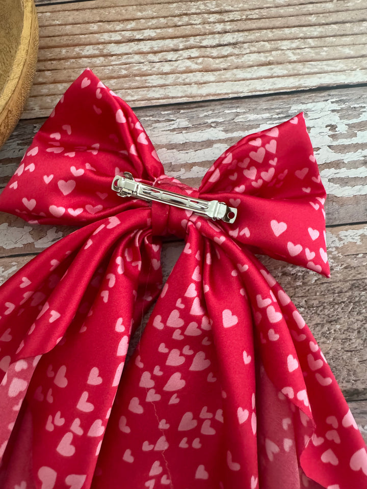 Red with Pink Heart, Satin Hair Bow, Hair Bow, Hair Accessory