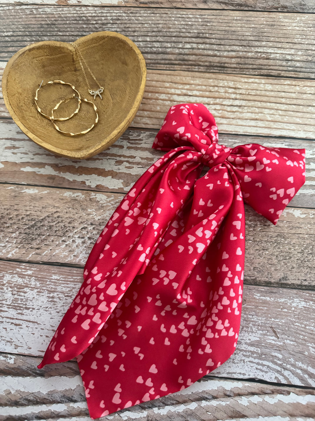 Red with Pink Heart, Satin Hair Bow, Hair Bow, Hair Accessory