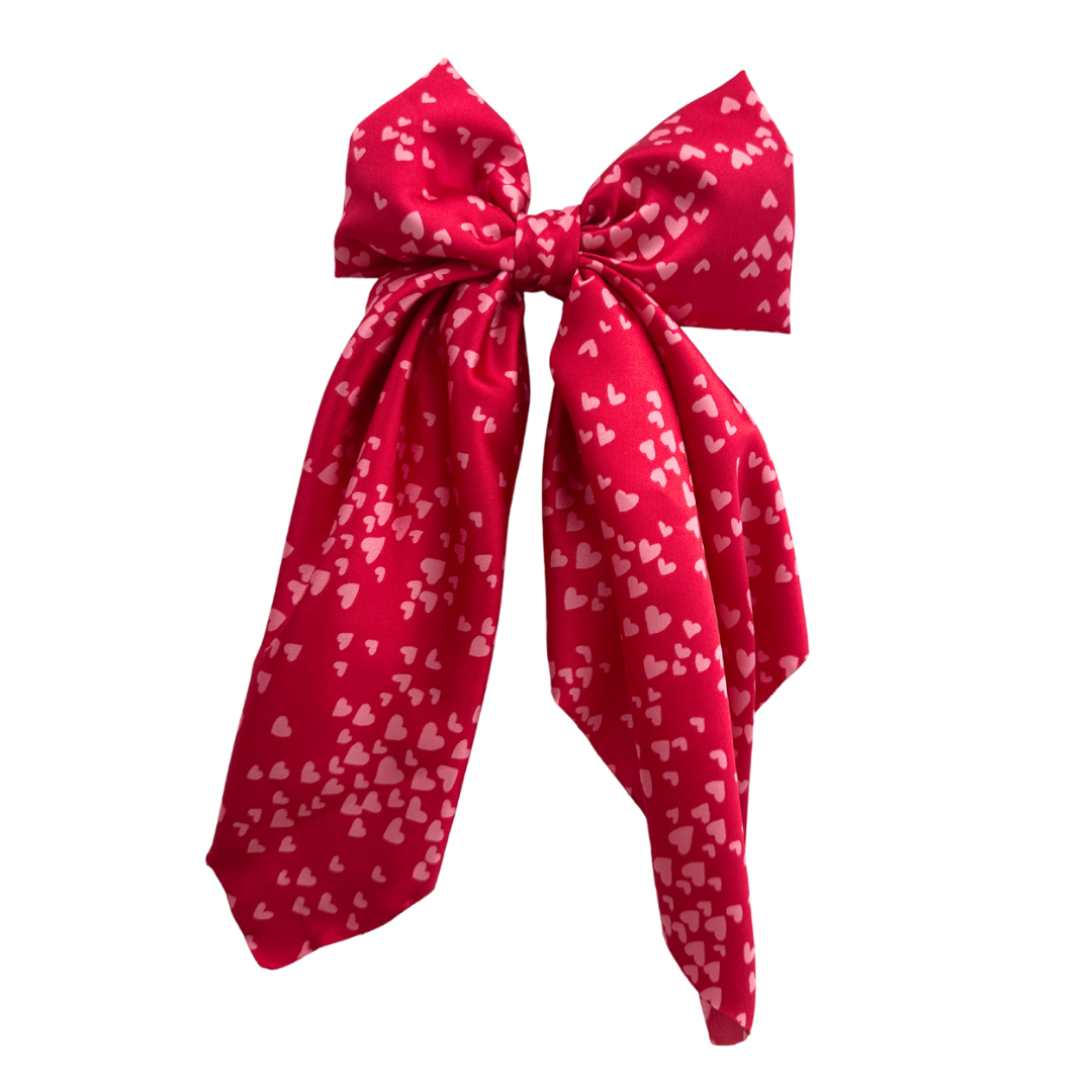 Red with Pink Heart, Satin Hair Bow, Hair Bow, Hair Accessory